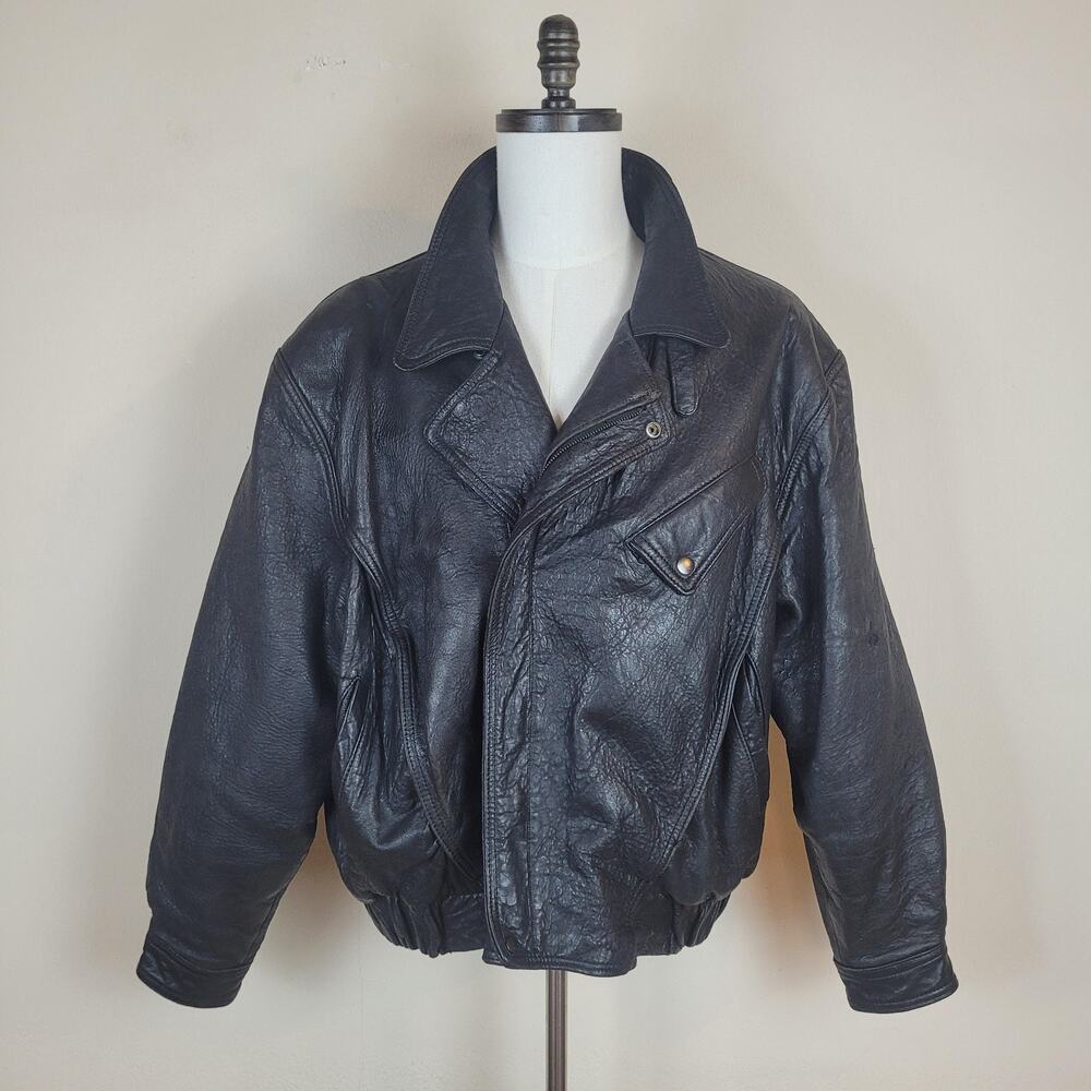 VTG Winlit‎ Leather Jacket Large Black Motorcycle Biker Asymmetrical Bomber 90s